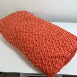 Lands' End Cable Knit Throw Blanket Orange Cotton Cozy Home Decor